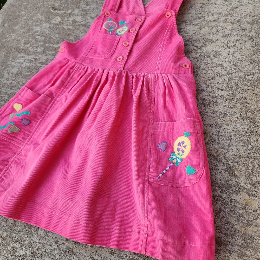 Vintage Joyeux Gamins Happy Kids Pink Corduroy Candy Embroided Dress,‎ Sz 6